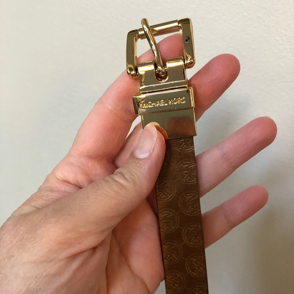 Michael Kors Women’s S Copper Logo/Brown Leather Reversible Gold Buckle 1” Belt - Picture 3 of 11